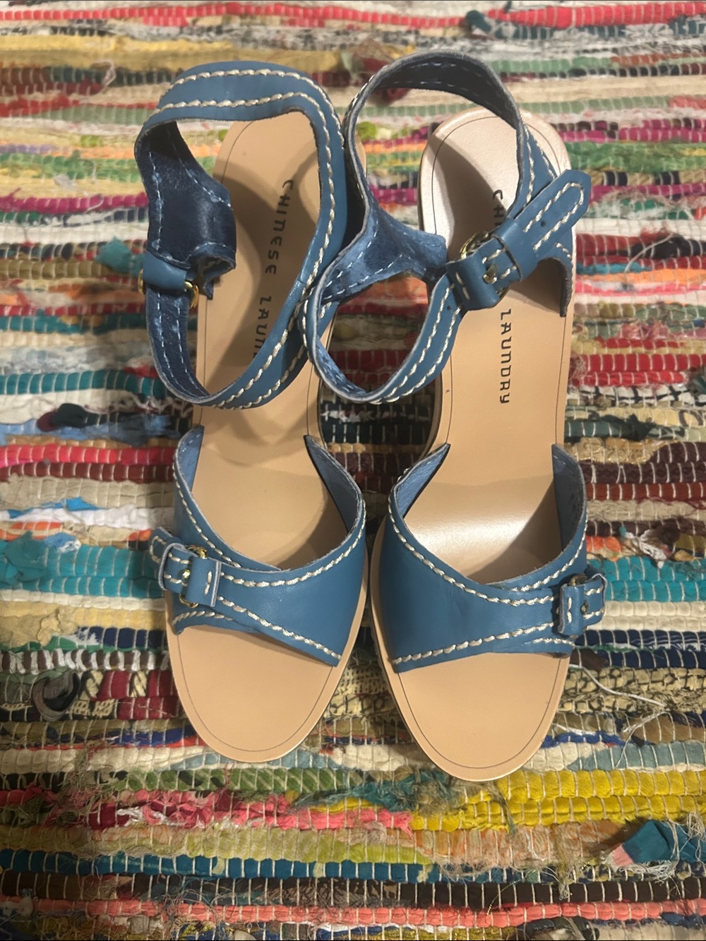 Chinese Laundry Blue Leather Ankle-Strap Heels